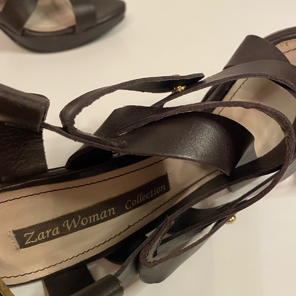 ZARA WOMAN COLLECTION Dark Brown Strappy Platform Heels SZ 40 9 - Picture 8 of 10